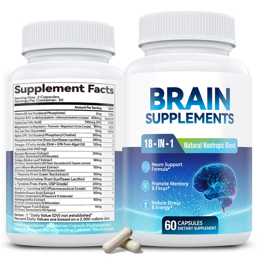 18-in-1 Brain Supplement for Memory and Focus – Nootropic Capsules with Alpha GPC, Bacopa, Ginkgo Biloba, Lion's Mane, Vitamin B6 & B12 | Cognitive Health, Mental Clarity | Vegan, Non-GMO - Maple Wellness Supplements