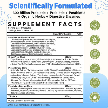 (180 Capsules) Probiotics for Women & Men, 5-in-1 Probiotic, Prebiotic, Postbiotic, Organic Herbs & 16 Digestive Enzymes Blend, 300 Billion CFU, Complete Gut Health, Digestive Health & Immune* - Maple Wellness Supplements