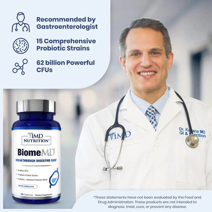 1MD Nutrition BiomeMD Probiotics | 62 Billion CFUs, 15 Comprehensive Strains - Pro & Prebiotics | Doctor-Formulated for Digestive Health & Immune Support | 30 Capsules - Maple Wellness Supplements