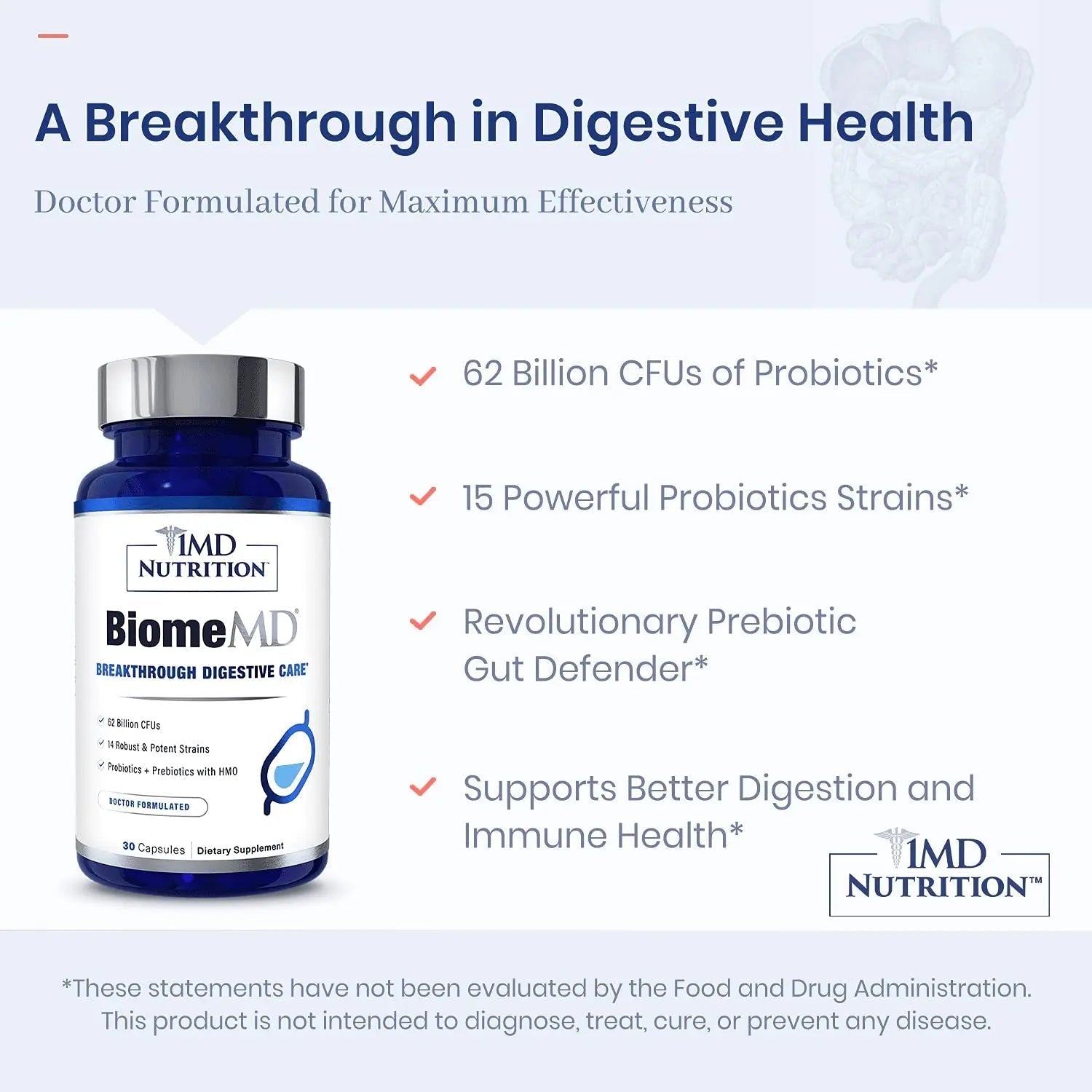 1MD Nutrition BiomeMD Probiotics | 62 Billion CFUs, 15 Comprehensive Strains - Pro & Prebiotics | Doctor-Formulated for Digestive Health & Immune Support | 30 Capsules - Maple Wellness Supplements