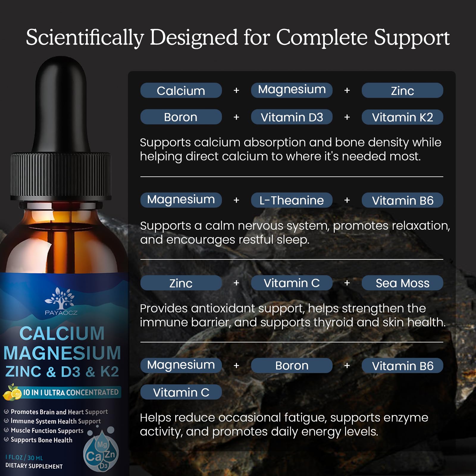 (2 Pack) 10 in 1 Magnesium Calcium Zinc Supplement with Vitamin C D3 K2, Glycinate Mag Vegan Liquid Drops Plus L-Theanine Boron Sea Moss Extract, Immune Support - Maple Wellness Supplements