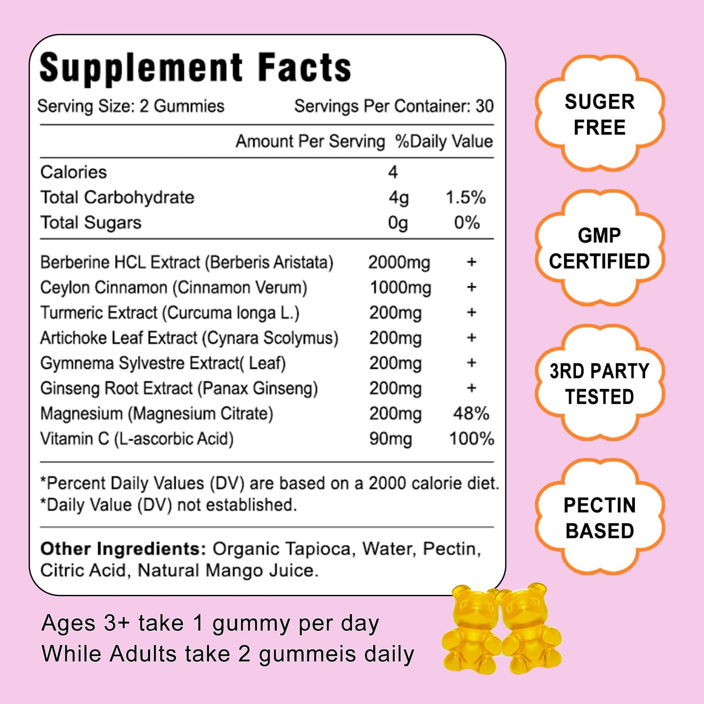2 Pack Berberine with Ceylon Cinnamon Gummies, 2000mg High Potency Berberine HCI - Maple Wellness Supplements