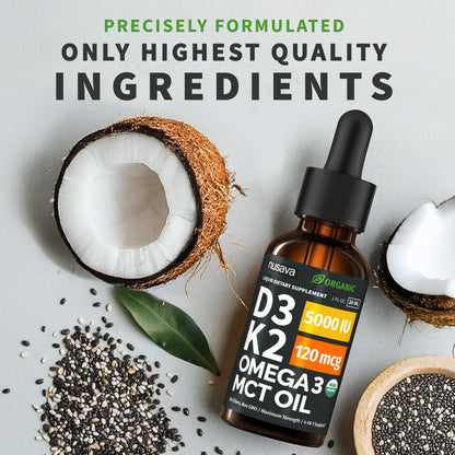 (2 Pack) Organic Vitamin D3 K2 Drops with MCT Oil Omega 3, 5000 IU — Liquid D3, No Fillers, Non-GMO, Immune Support (Unflavored, 2 Fl Oz) - Maple Wellness Supplements