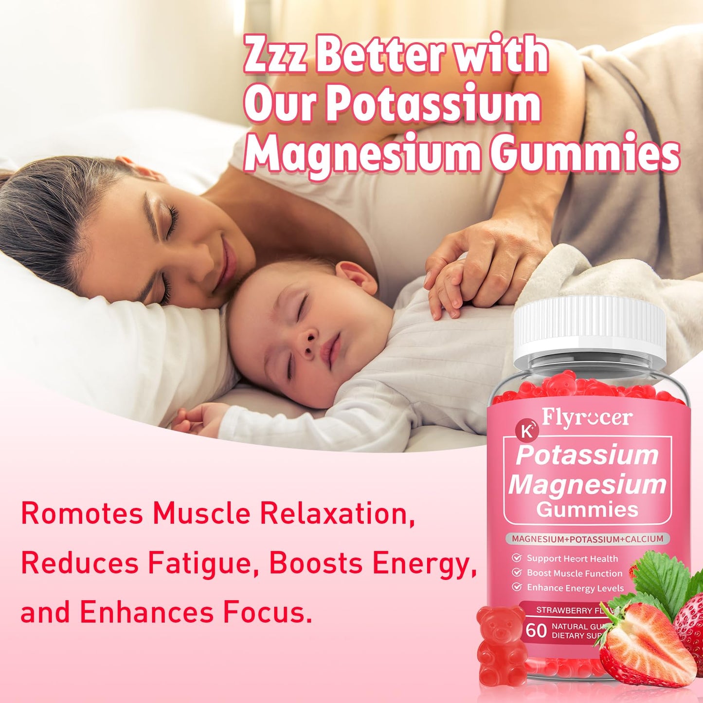 2 Pack Potassium Magnesium Gummies for Men & Women, Potassium Magnesium Supplement for Leg Cramps, Muscle Health, & Electrolyte Balance, Strawberry Flavor, 120 Gummies - Maple Wellness Supplements