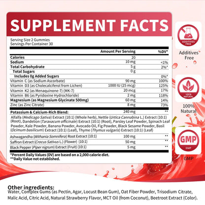 2 Pack Potassium Magnesium Gummies, Sugar Free Potassium Supplement Magnesium Glycinate 500mg, Ashwagandha, Vitamins D3, C, B6, Calcium & Zinc for Sleep, Leg Cramps & Muscle Relaxation-120 Count - Maple Wellness Supplements
