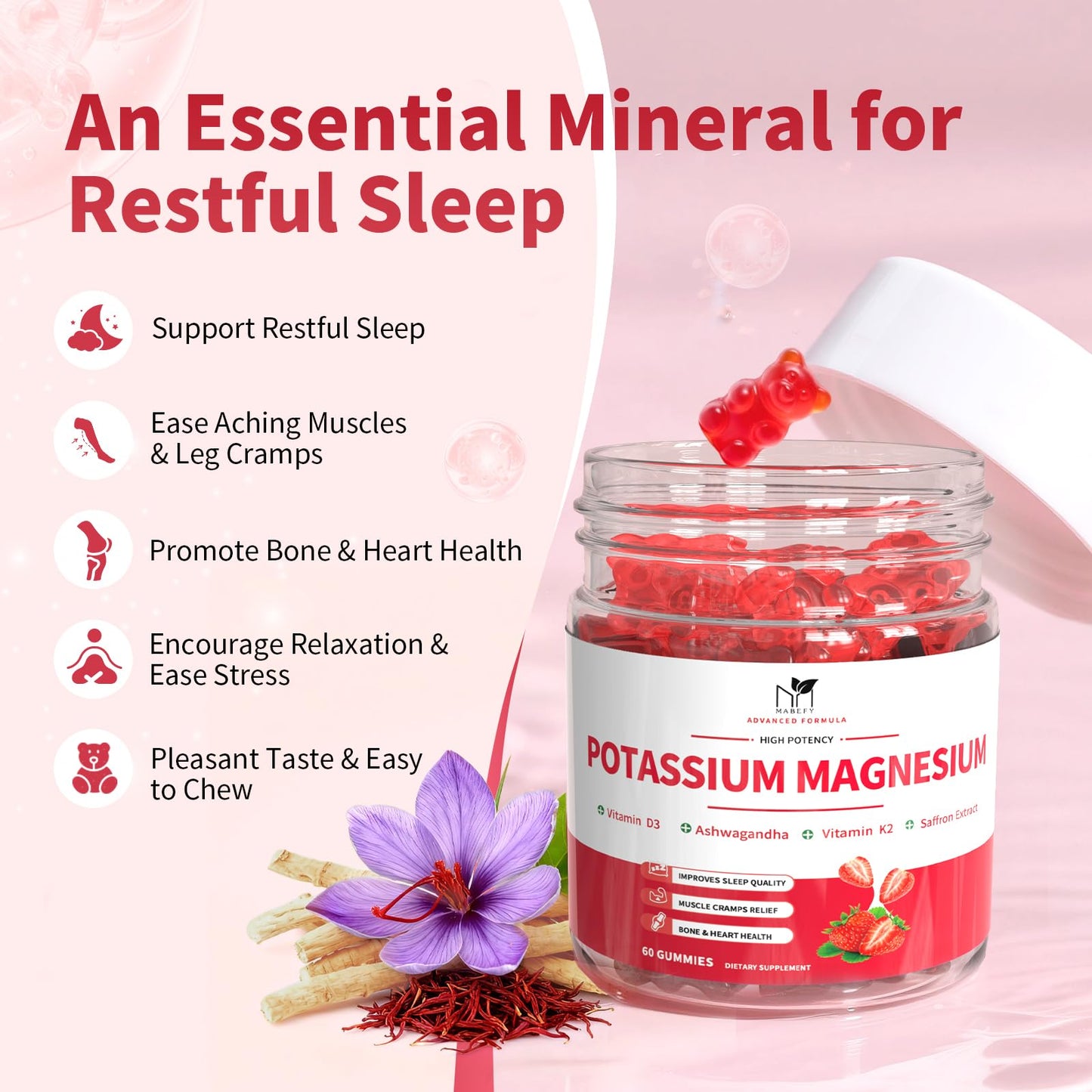 2 Pack Potassium Magnesium Gummies, Sugar Free Potassium Supplement Magnesium Glycinate 500mg, Ashwagandha, Vitamins D3, C, B6, Calcium & Zinc for Sleep, Leg Cramps & Muscle Relaxation-120 Count - Maple Wellness Supplements
