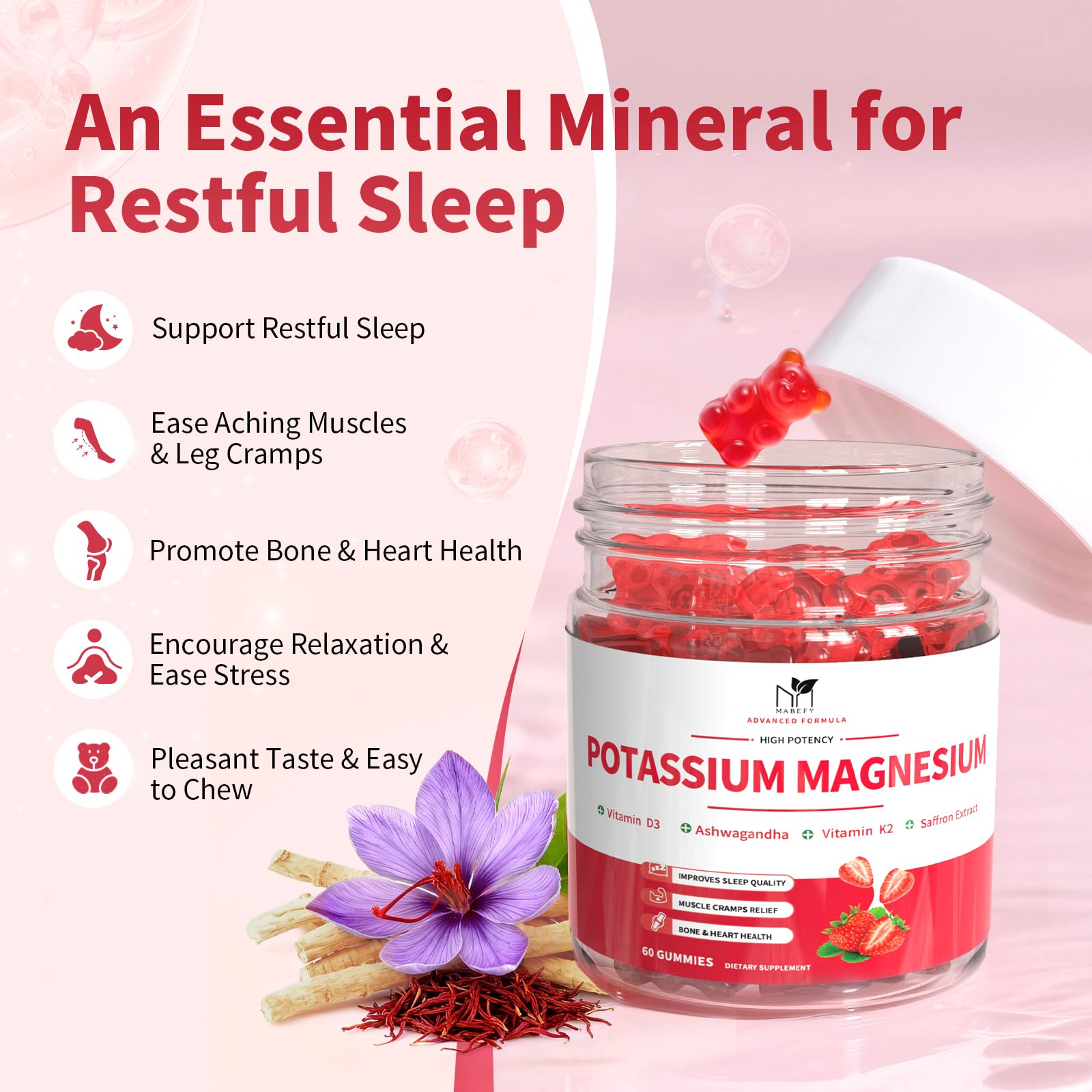 2 Pack Potassium Magnesium Gummies, Sugar Free Potassium Supplement Magnesium Glycinate 500mg, Ashwagandha, Vitamins D3, C, B6, Calcium & Zinc for Sleep, Leg Cramps & Muscle Relaxation-120 Count - Maple Wellness Supplements