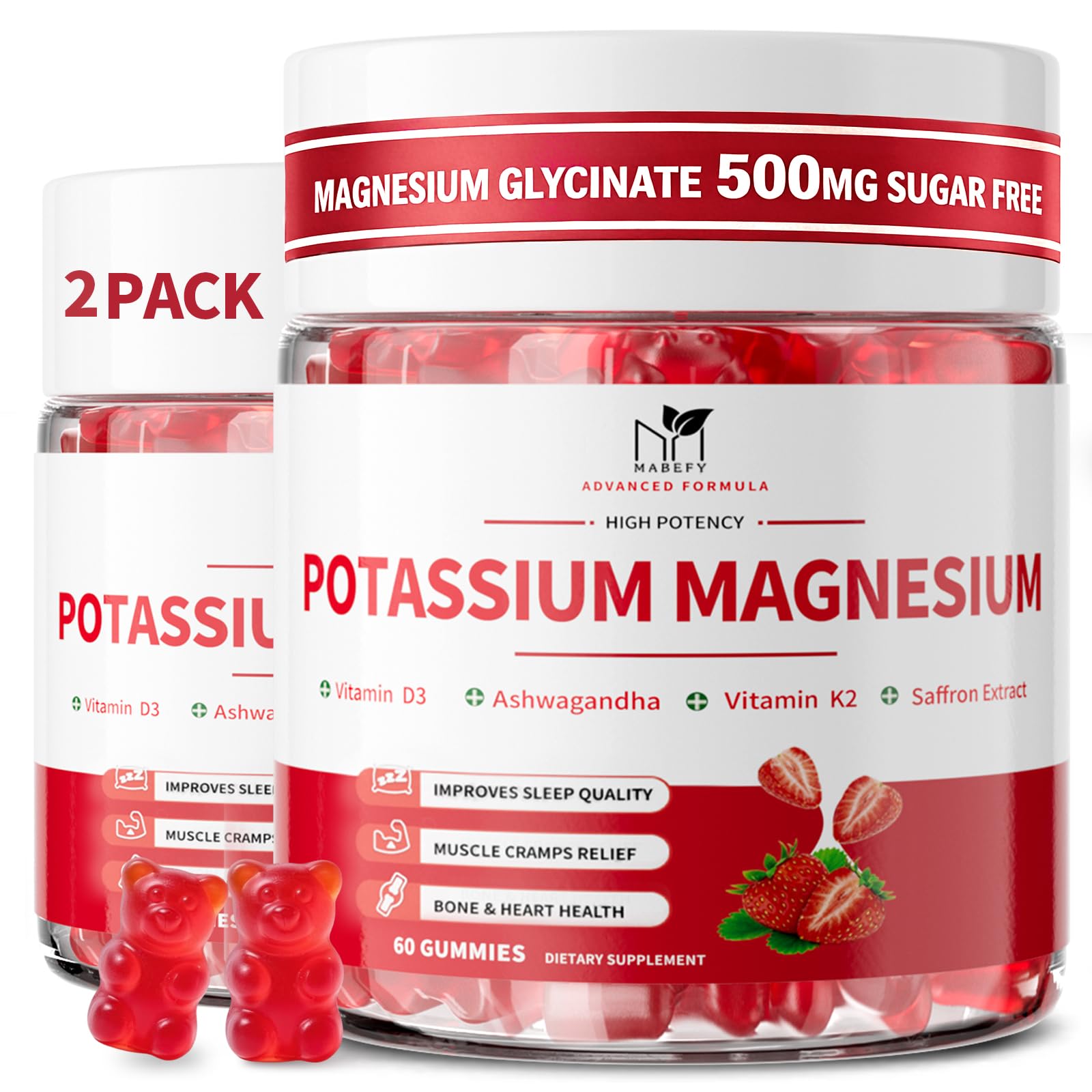 2 Pack Potassium Magnesium Gummies, Sugar Free Potassium Supplement Magnesium Glycinate 500mg, Ashwagandha, Vitamins D3, C, B6, Calcium & Zinc for Sleep, Leg Cramps & Muscle Relaxation-120 Count - Maple Wellness Supplements