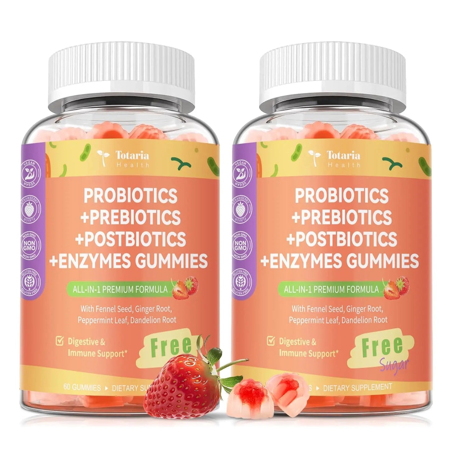 (2 Packs) Totaria Sugar Free 5-in-1 Probiotic Prebiotic Postbiotic Gummy, Probiotics for Women Men with Digestive Enzymes, Peppermint, Complete Immune, Gut & Digestive Support, Vegan Strawberry Flavor - Maple Wellness Supplements