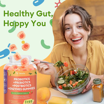 (2 Packs) Totaria Sugar Free 5-in-1 Probiotic Prebiotic Postbiotic Gummy, Probiotics for Women Men with Digestive Enzymes, Peppermint, Complete Immune, Gut & Digestive Support, Vegan Strawberry Flavor - Maple Wellness Supplements