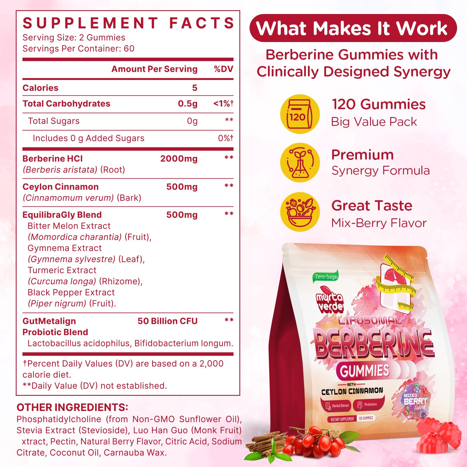 2000mg Liposomal Berberine Supplement Gummies | High Potency Berberine HCI Activates AMPK with Ceylon Cinnamon | Advanced Absorption | Zero Sugar Mixed-Berry | 120 Count - Maple Wellness Supplements