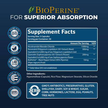 2010 MG NAD+ Supplement- Nicotinamide Riboside, Resveratrol, Quercetin & BioPerine® (High Absorption)- Natural NAD Booster for Anti-Aging, Cellular Energy, Skin- For Women & Men- 90 V Capsules - Maple Wellness Supplements