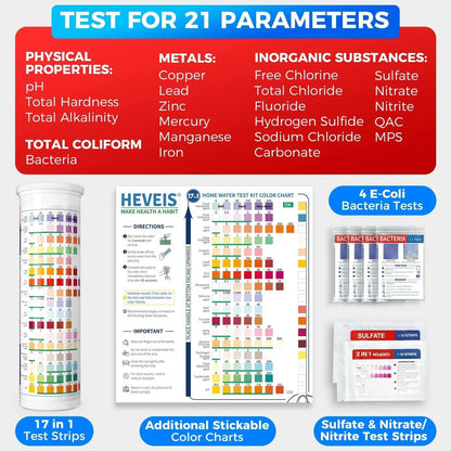 21-in-1 Home Drinking Water Testing Kit - 120 Strips + 4 Bacteria Tests - Tap and Well Water Test Kit, Easy to Test and Read for Hardness, Lead, Iron, Fluoride, pH, Copper, Bacteria and More - Maple Wellness Supplements