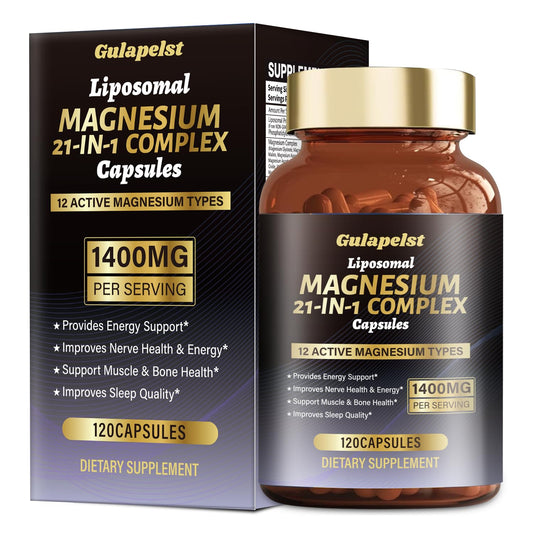 21 in 1 Liposomal 1400mg Magnesium Complex (Citrate, Glycinate, Malate etc) Capsule - 12 Active Types Magnesium with Vitamin D3, B6, B12, C, Ashwagandha & CoQ10 for Women & Men - Maple Wellness Supplements