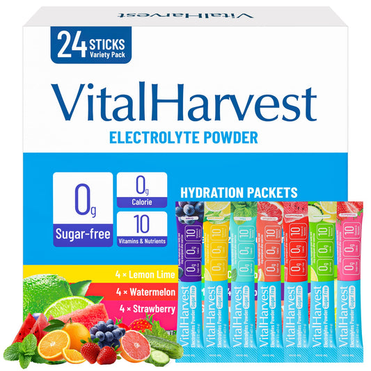 24 Sticks Electrolytes Powder Packets 7 Flavors Sugar Free Hydration Packets Liquid Daily IV Drink Mix, Low Sodium, Lemon Lime, Watermelon, Strawberry, Grape - Maple Wellness Supplements