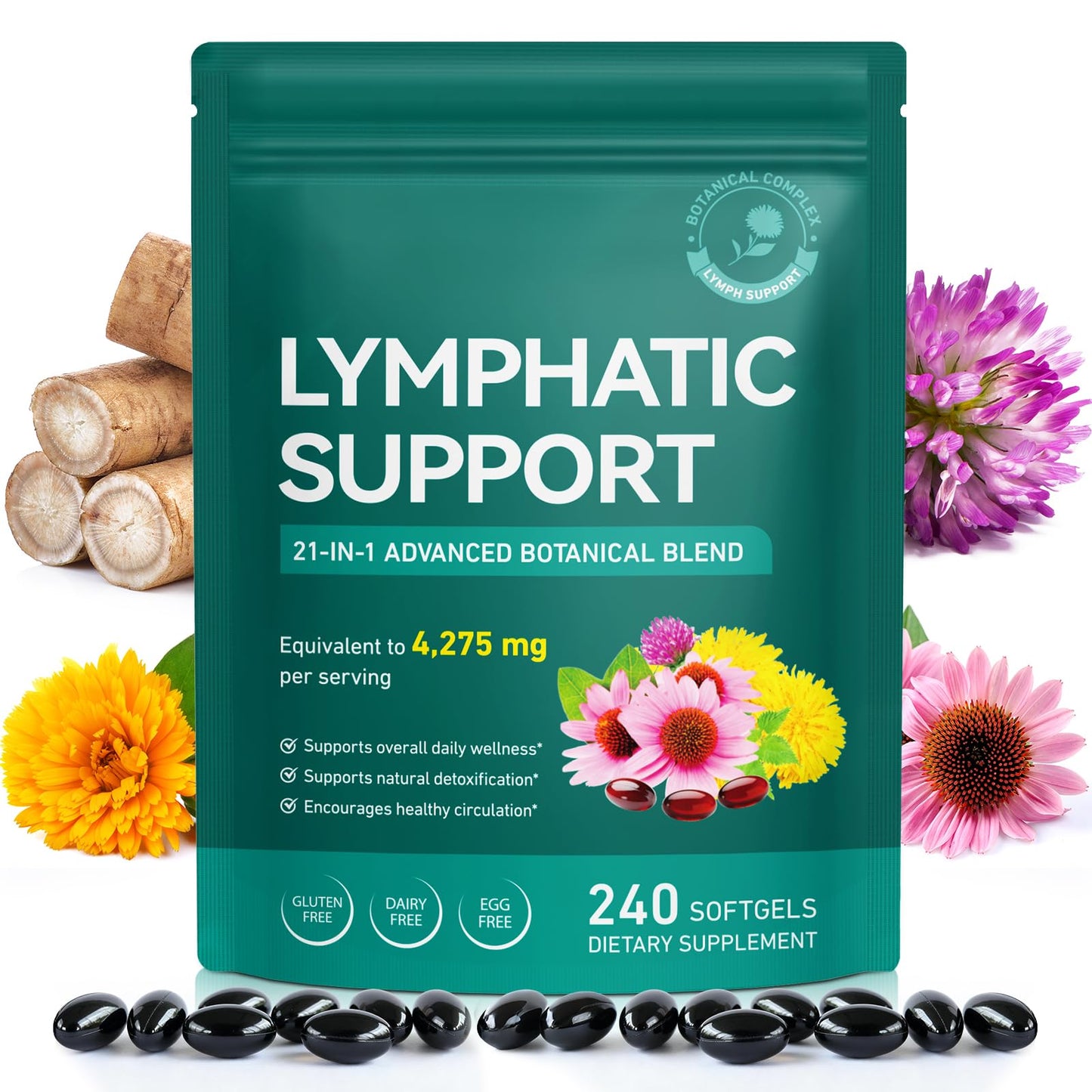 240 Softgels 21-in-1 Liposomal Lymphatic Drainage Supplements, 4275mg Lymph System Support Supplement for Women & Men,Herbal Blend,with Dandelion, Burdock, Echinacea,Rutin, Turmeric,Cleavers & More - Maple Wellness Supplements