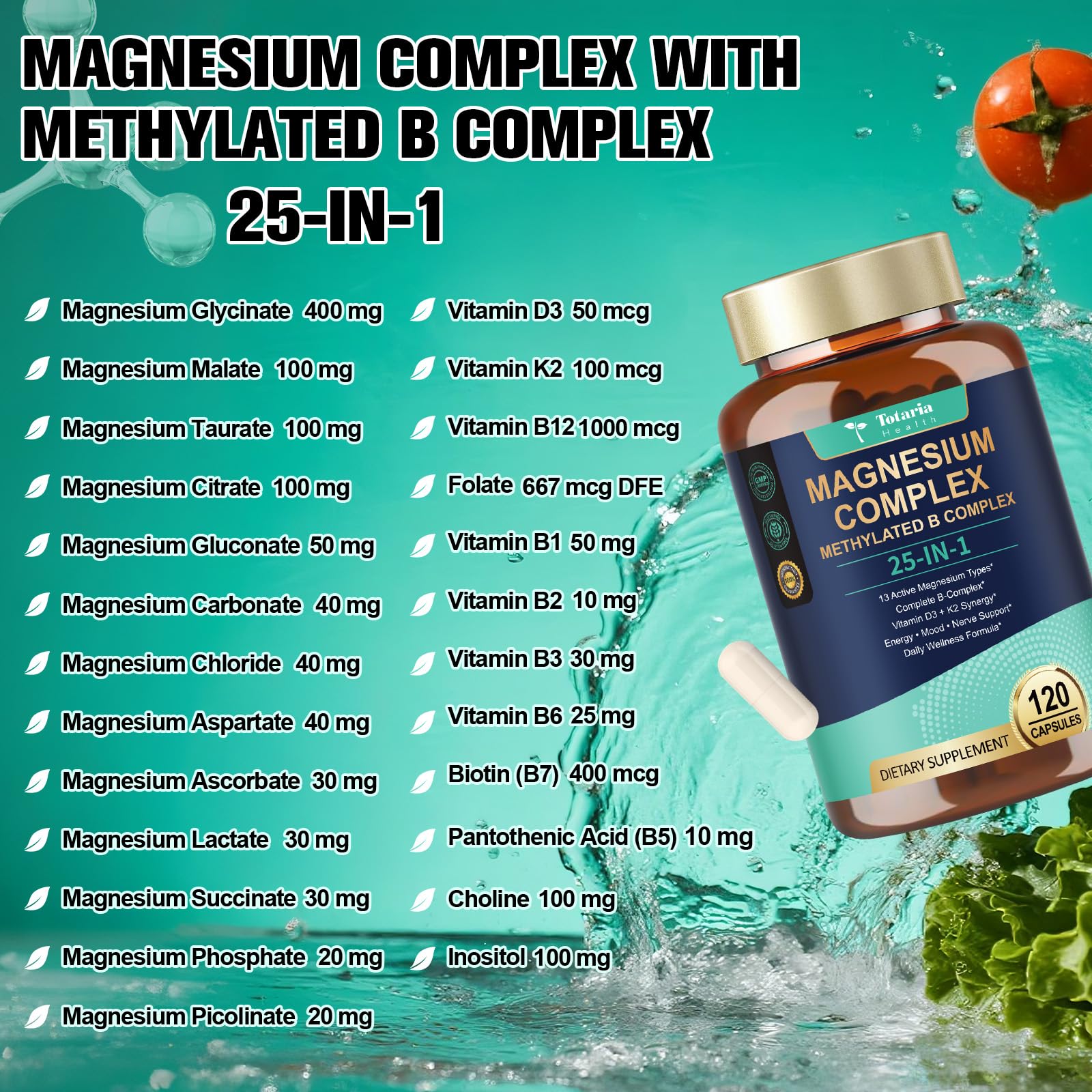 25-in-1 Magnesium Complex with Methylated B Complex Magnesium Glycinate Citrate Malate Taurate Gluconate Aspartate Carbonate D3 K2, Magnesium Supplement - Maple Wellness Supplements
