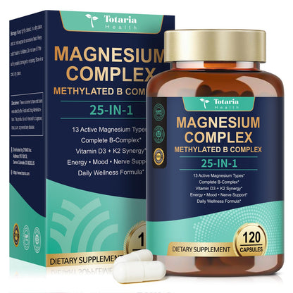 25-in-1 Magnesium Complex with Methylated B Complex Magnesium Glycinate Citrate Malate Taurate Gluconate Aspartate Carbonate D3 K2, Magnesium Supplement - Maple Wellness Supplements