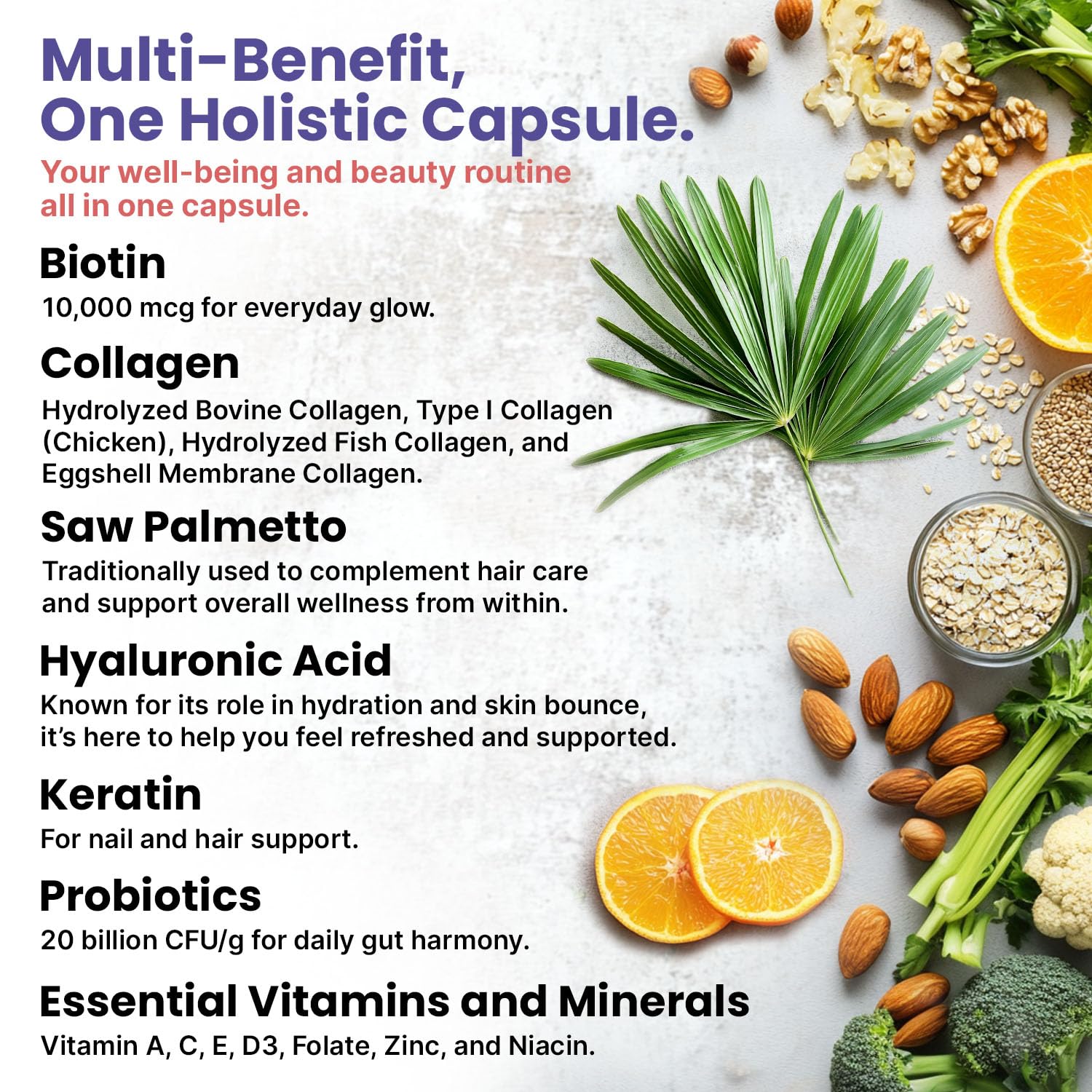 27-in-1 Hair Skin and Nails Vitamins (6810mg) with Biotin 10000mcg - Collagen Supplements for Men and Women - Keratin Supplements with Probiotics - Maple Wellness Supplements