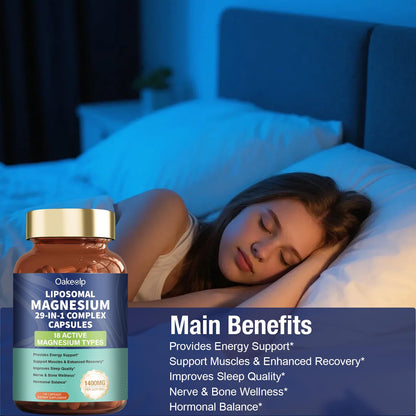 29-in-1 Liposomal 18 Active Types Magnesium Complex 1400MG Capsule,L-Threonate Glycinate Malate etc,Mild & Efficient,Extra Vitamin B6 B12 D3K2 & CoQ10, Relaxation Nerve* & Hert* Support - Maple Wellness Supplements