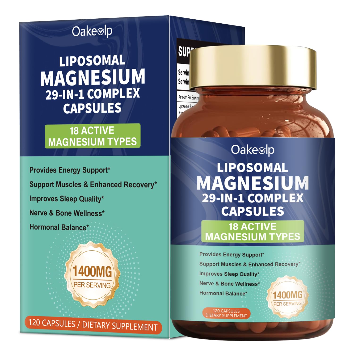 29-in-1 Liposomal 18 Active Types Magnesium Complex 1400MG Capsule,L-Threonate Glycinate Malate etc,Mild & Efficient,Extra Vitamin B6 B12 D3K2 & CoQ10, Relaxation Nerve* & Hert* Support - Maple Wellness Supplements