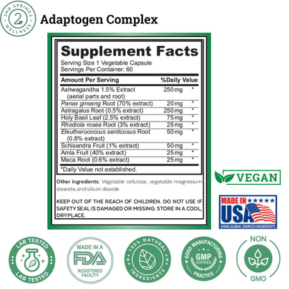 2nd Springs Adaptogen Complex Calmness, Energy and Vitality Booster - Ashwagandha, Schisandra, Astragalus, Ginseng, Rhodiola, and More - Adrenal Support Supplements - 60 Ct - Maple Wellness Supplements