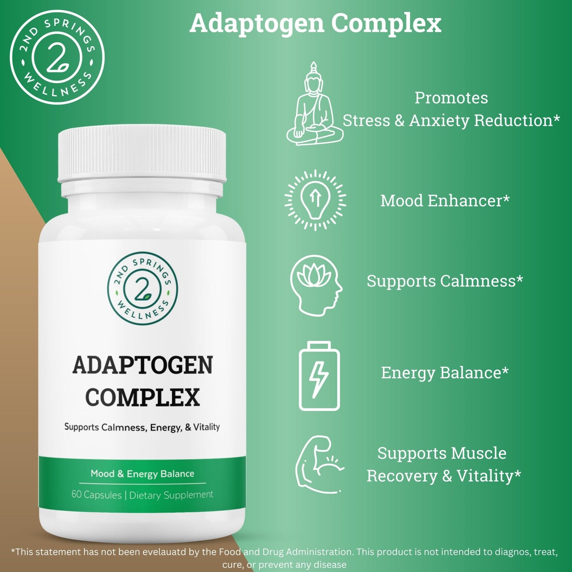 2nd Springs Adaptogen Complex Calmness, Energy and Vitality Booster - Ashwagandha, Schisandra, Astragalus, Ginseng, Rhodiola, and More - Adrenal Support Supplements - 60 Ct - Maple Wellness Supplements