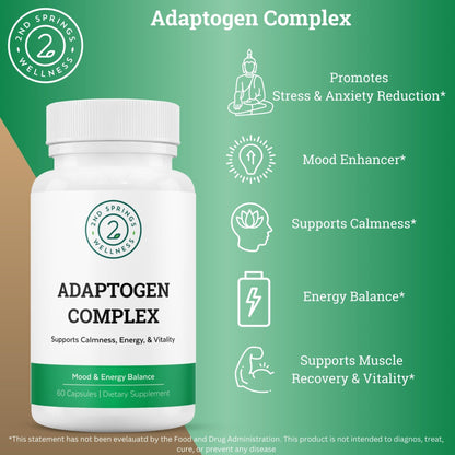 2nd Springs Adaptogen Complex Calmness, Energy and Vitality Booster - Ashwagandha, Schisandra, Astragalus, Ginseng, Rhodiola, and More - Adrenal Support Supplements - 60 Ct - Maple Wellness Supplements