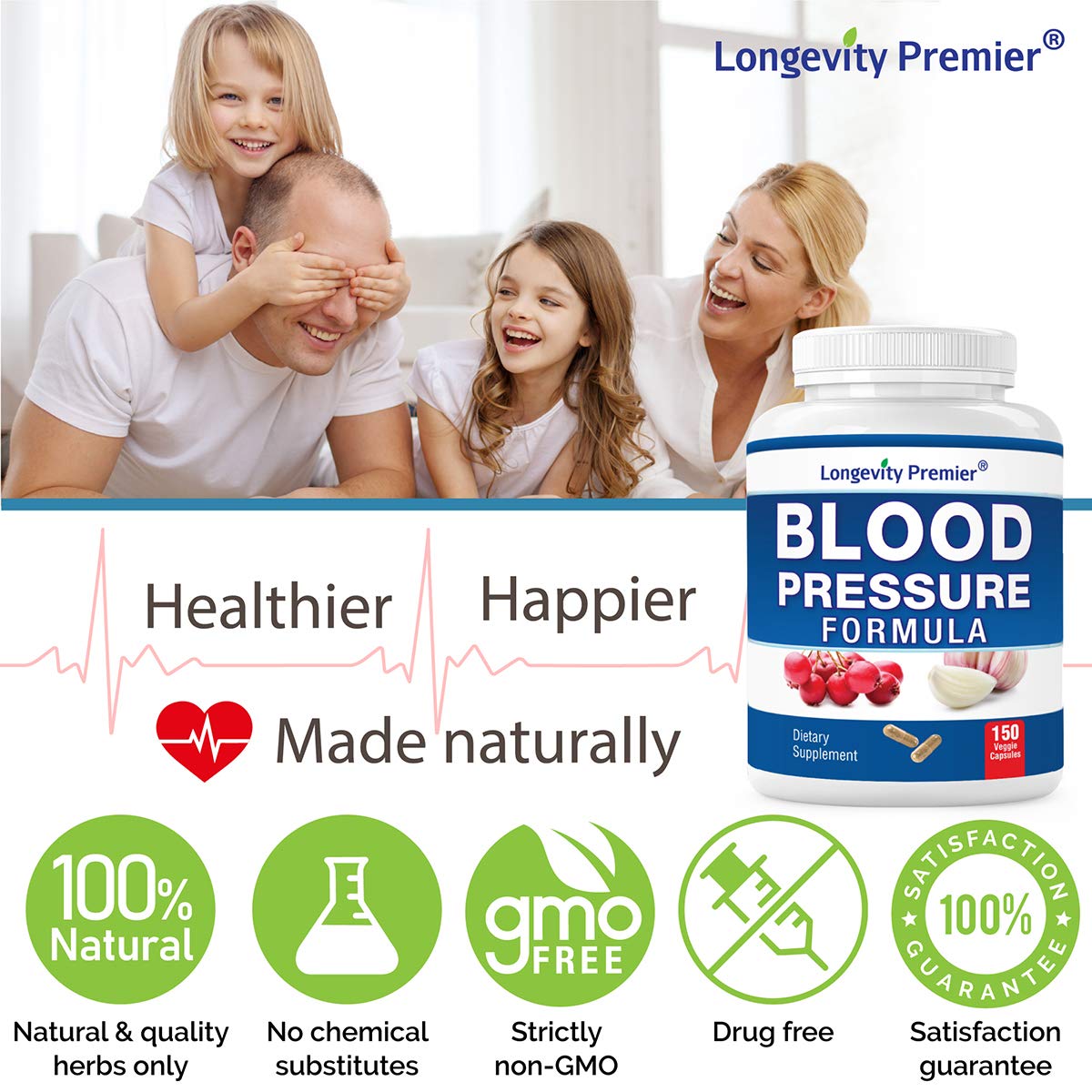 [3-Bottle X 150 Caps] Longevity Blood Pressure Formula -Scientifically formulated with Hawthorn & 12+ Quality Natural Herbs - Maple Wellness Supplements
