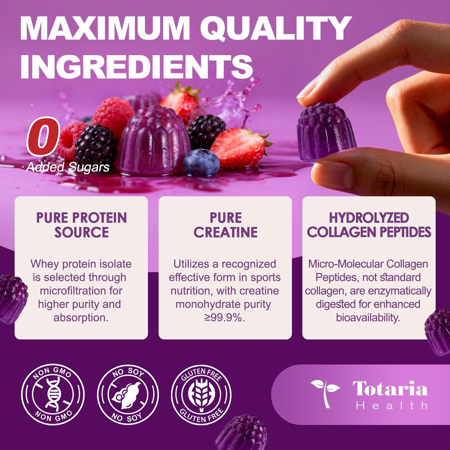 3 in 1 Whey Protein Gummies | Creatine Monohydrate | Collagen, 0 Sugar, Pure Protein Source, Muscle & Energy Support, Berry Flavor, for Women and Men - Maple Wellness Supplements