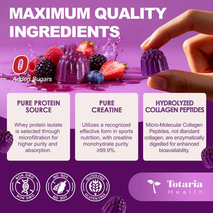 3 in 1 Whey Protein Gummies | Creatine Monohydrate | Collagen, 0 Sugar, Pure Protein Source, Muscle & Energy Support, Berry Flavor, for Women and Men - Maple Wellness Supplements