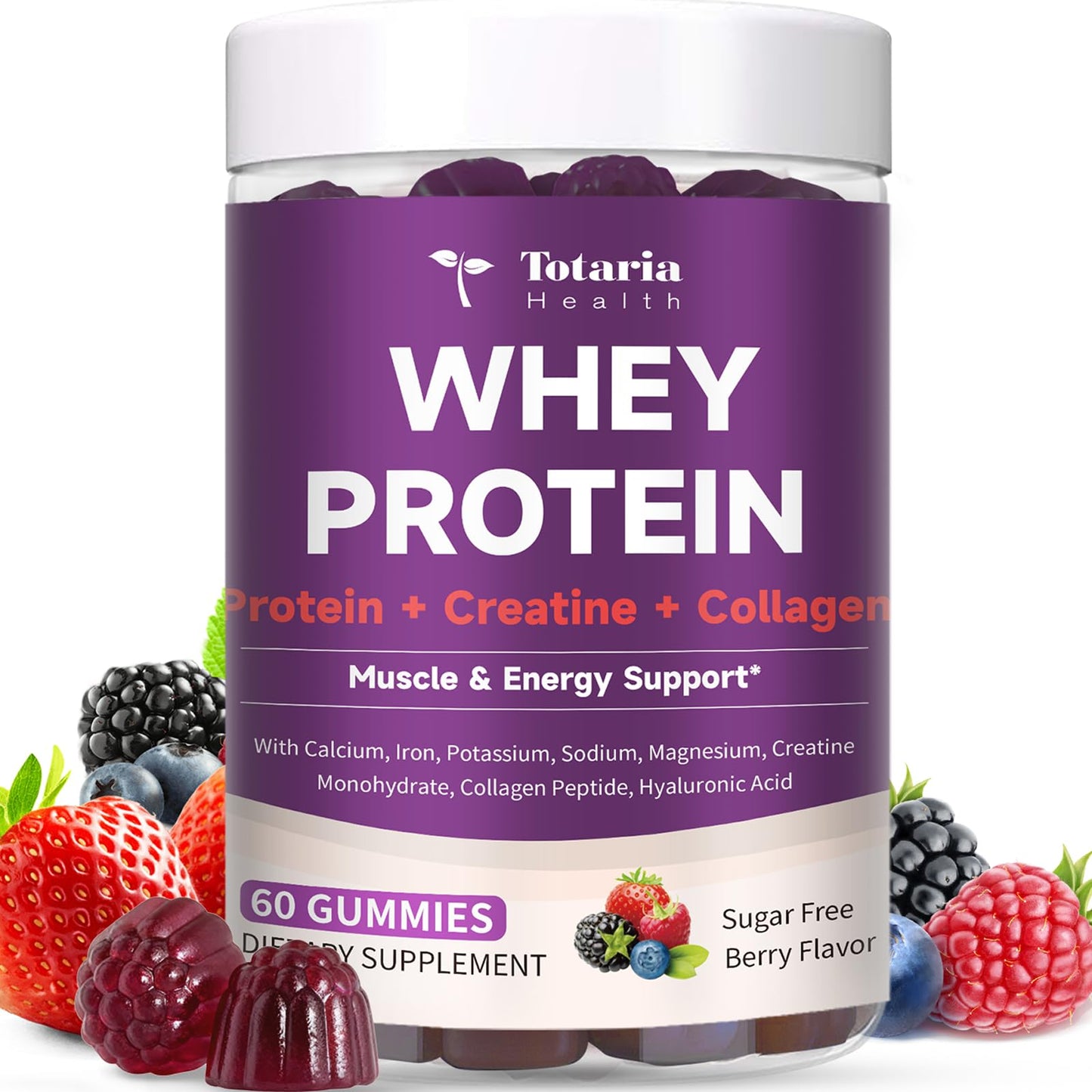 3 in 1 Whey Protein Gummies | Creatine Monohydrate | Collagen, 0 Sugar, Pure Protein Source, Muscle & Energy Support, Berry Flavor, for Women and Men - Maple Wellness Supplements