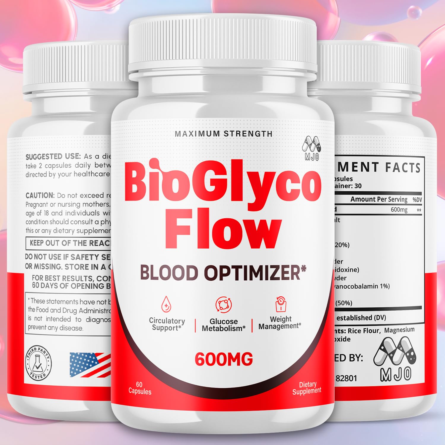 (3 Pack) BioGlyco Flow Blood Optimizer Capsules, Official BioGlyco Flow Pills with All Natural Ingredients, Advanced Health and Wellness Supplement with Maximum Strength Multivitamins (180 Capsules) - Maple Wellness Supplements