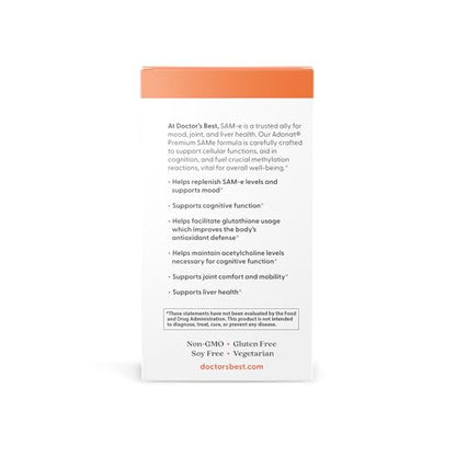 Doctor's Best SAM-e Mood & Joint Support & Liver Health (Pharmaceutical Grade/Non-GMO/Gluten Free/Vegetarian), Tablet, 60 Count (Pack of 1) Doctor's BESTBuy Supplements Australia