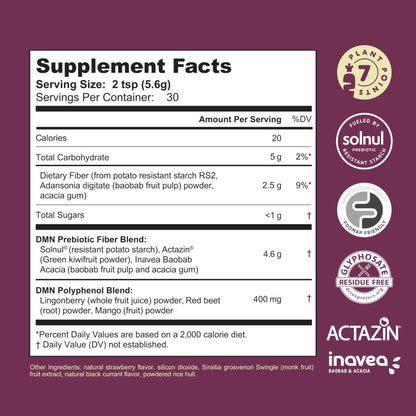 38TERA DMN (Daily Microbiome Nutrition), 6 Oz, Plant-Based Fiber Powder with 3 Different Prebiotics, Helps Digestive & Gut Health, Low FODMAP Supplement, Vegan, Wild Berry Flavor, 30 Servings - Maple Wellness Supplements