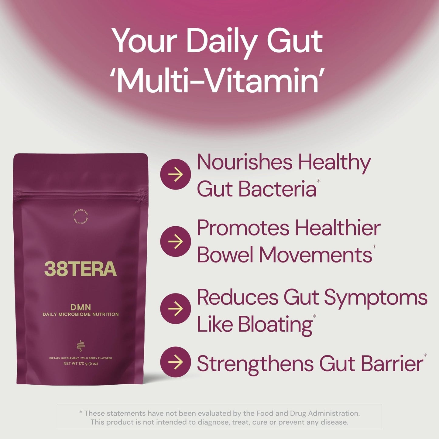 38TERA DMN (Daily Microbiome Nutrition), 6 Oz, Plant-Based Fiber Powder with 3 Different Prebiotics, Helps Digestive & Gut Health, Low FODMAP Supplement, Vegan, Wild Berry Flavor, 30 Servings - Maple Wellness Supplements