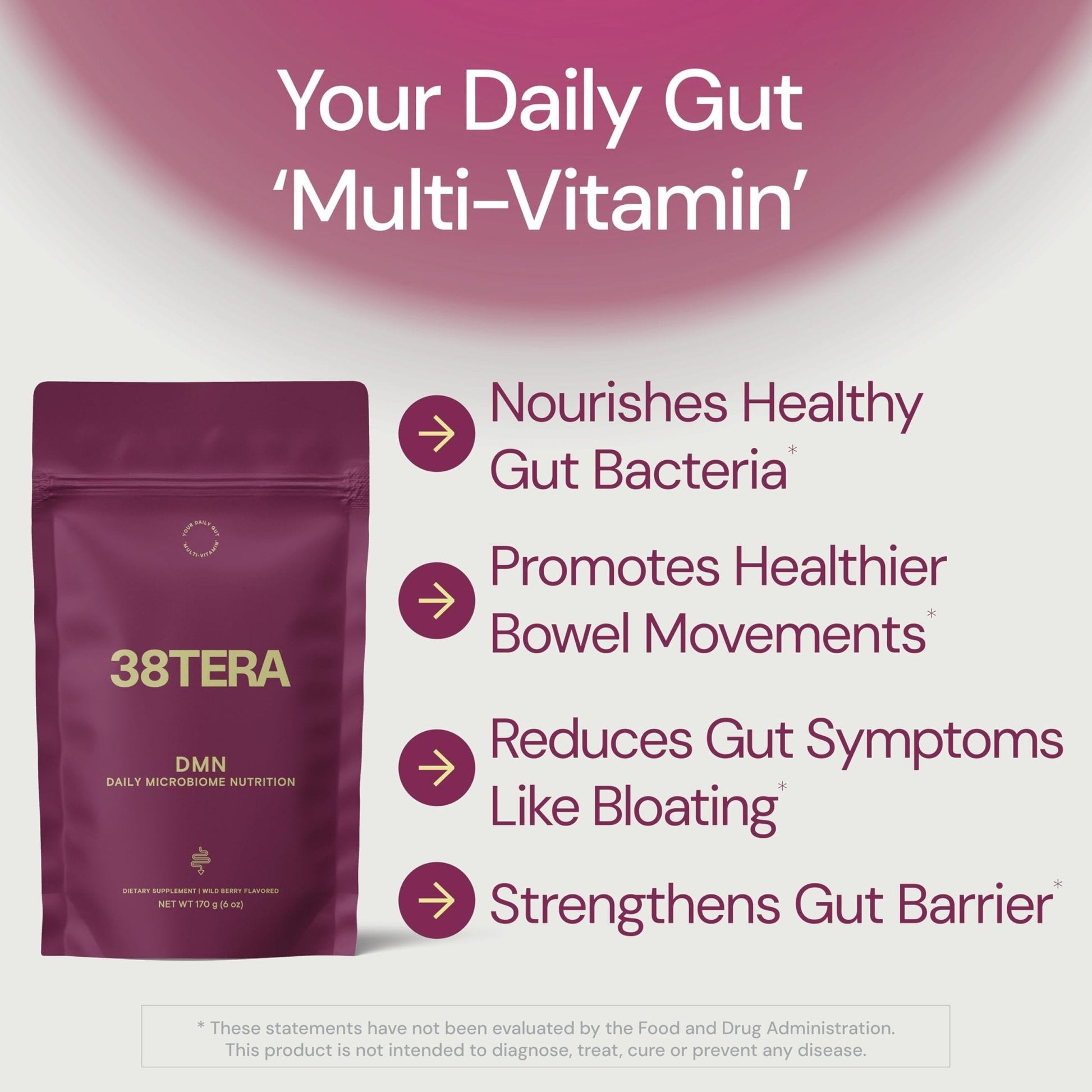 38TERA DMN (Daily Microbiome Nutrition), 6 Oz, Plant-Based Fiber Powder with 3 Different Prebiotics, Helps Digestive & Gut Health, Low FODMAP Supplement, Vegan, Wild Berry Flavor, 30 Servings - Maple Wellness Supplements