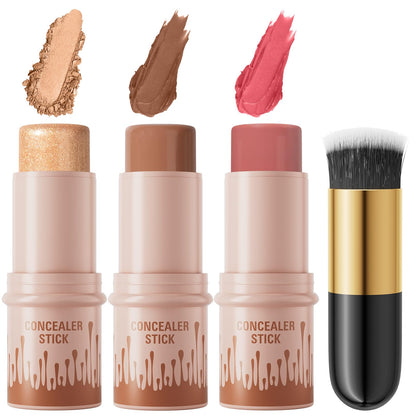 3Pcs Cream Contour Sticks Kit, Highlighter Stick Blush Stick Cream Contour Kit Makeup Set with Brush,Face Brightens & Shades Contour Stick Waterproof for Women - Maple Wellness Supplements