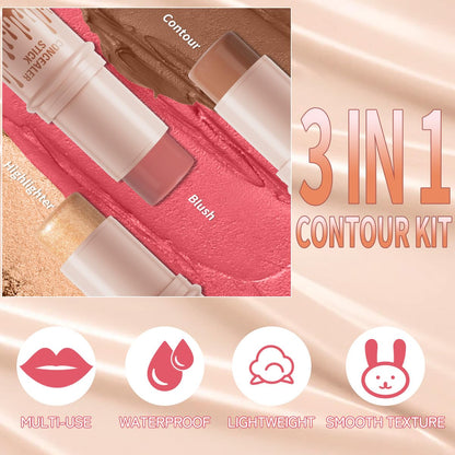 3Pcs Cream Contour Sticks Kit, Highlighter Stick Blush Stick Cream Contour Kit Makeup Set with Brush,Face Brightens & Shades Contour Stick Waterproof for Women - Maple Wellness Supplements