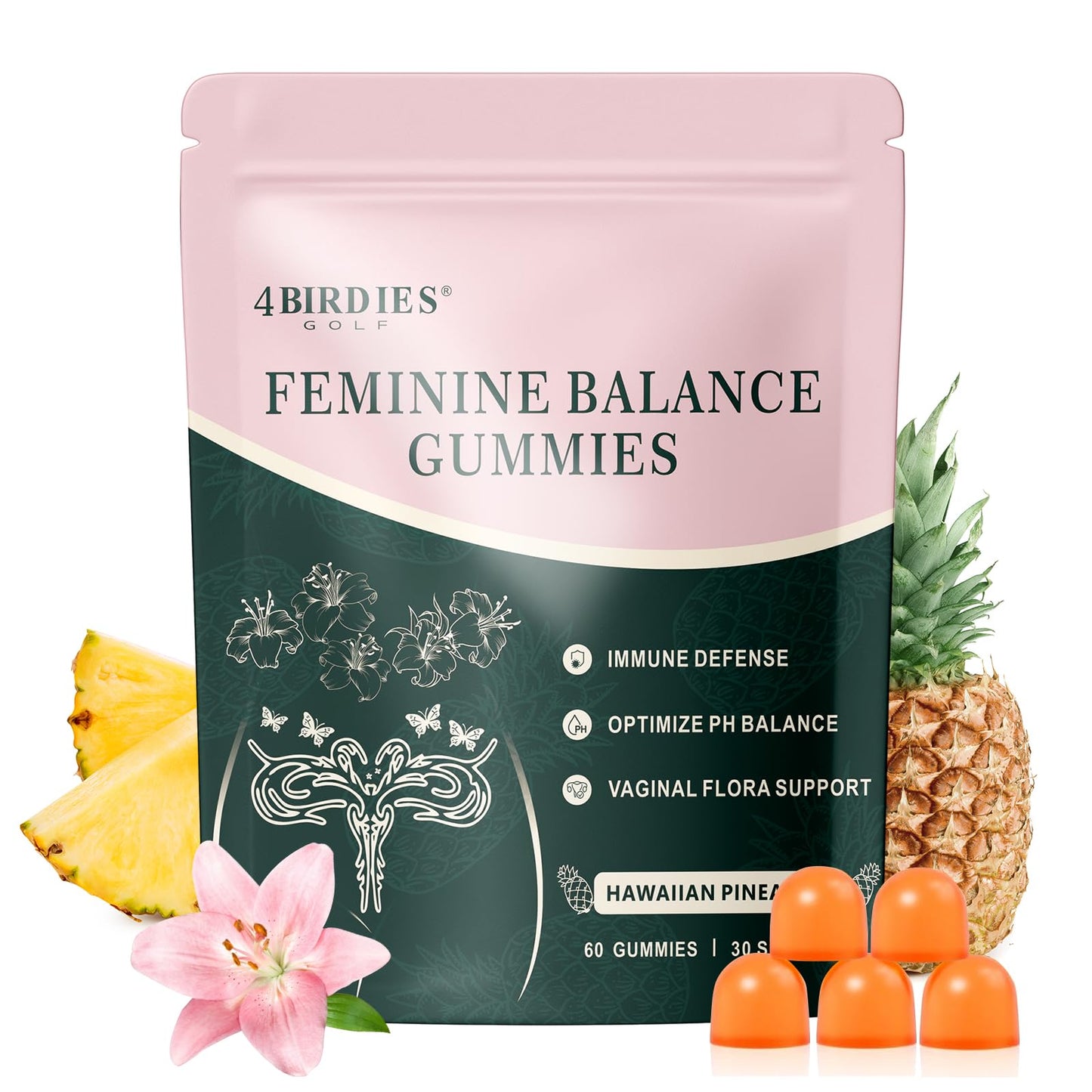 4 BIRDIES GOLF Premium Feminine Balance Gummies for Women's Health, Hawaiian Pineapple Gummies for Women Vaginal Probiotic & pH Balance Support - Vegan - Healthy Odor - Gluten-Free - 60 Count - Maple Wellness Supplements