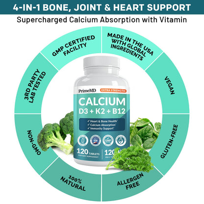 4-in-1 Calcium 1200 mg with Vitamin D3 K2 - Extra Strength Calcium Supplements for Women & Men with D3 K2 Vitamin 5000 IU - Everyday Vitality Supplement - Maple Wellness Supplements