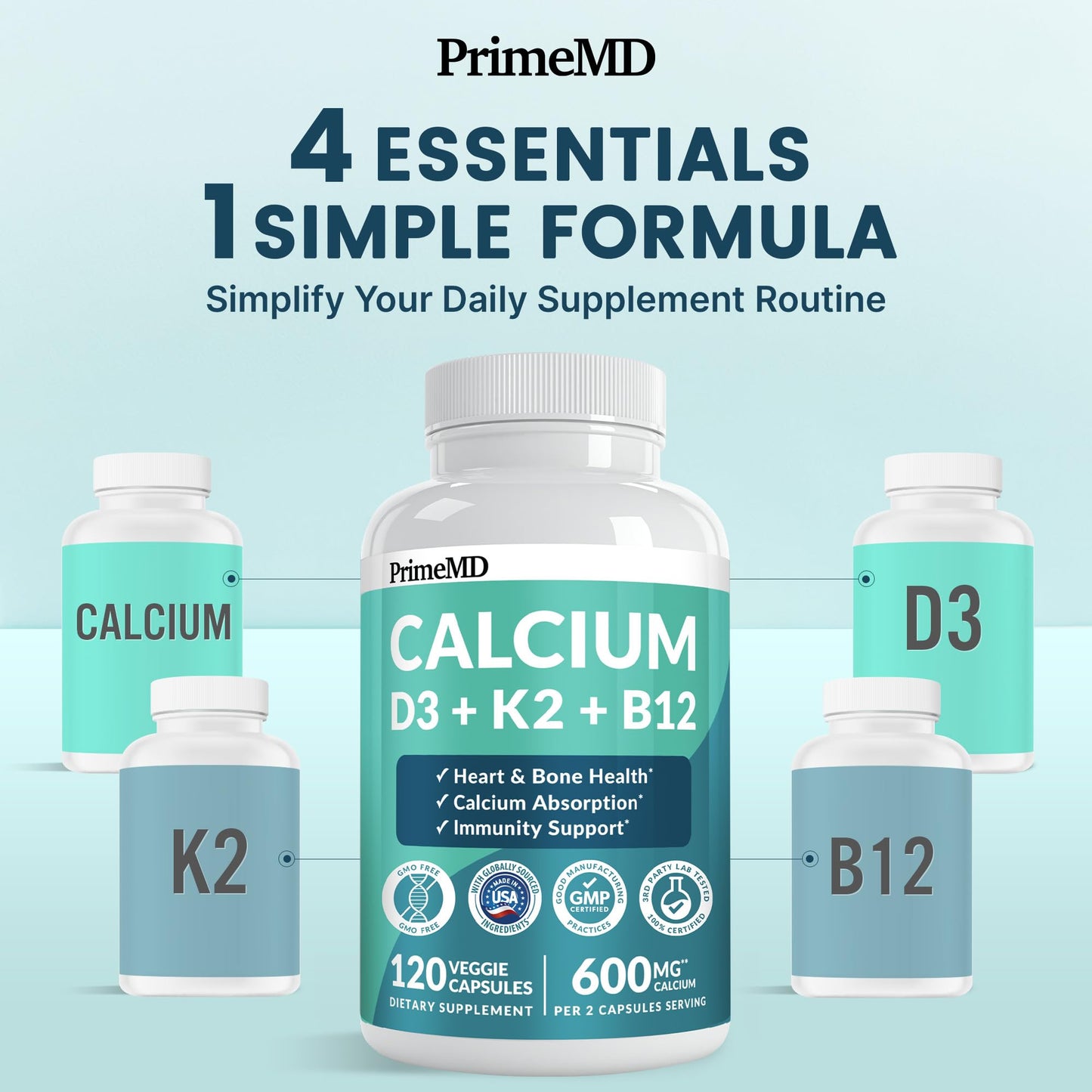 4-in-1 Calcium Supplements for Women & Men - Calcium Citrate with D3 K2 Vitamin 5000 IU - Calcium 600mg with Vitamin D3 K2 - Everyday Vitality Supplement - Maple Wellness Supplements