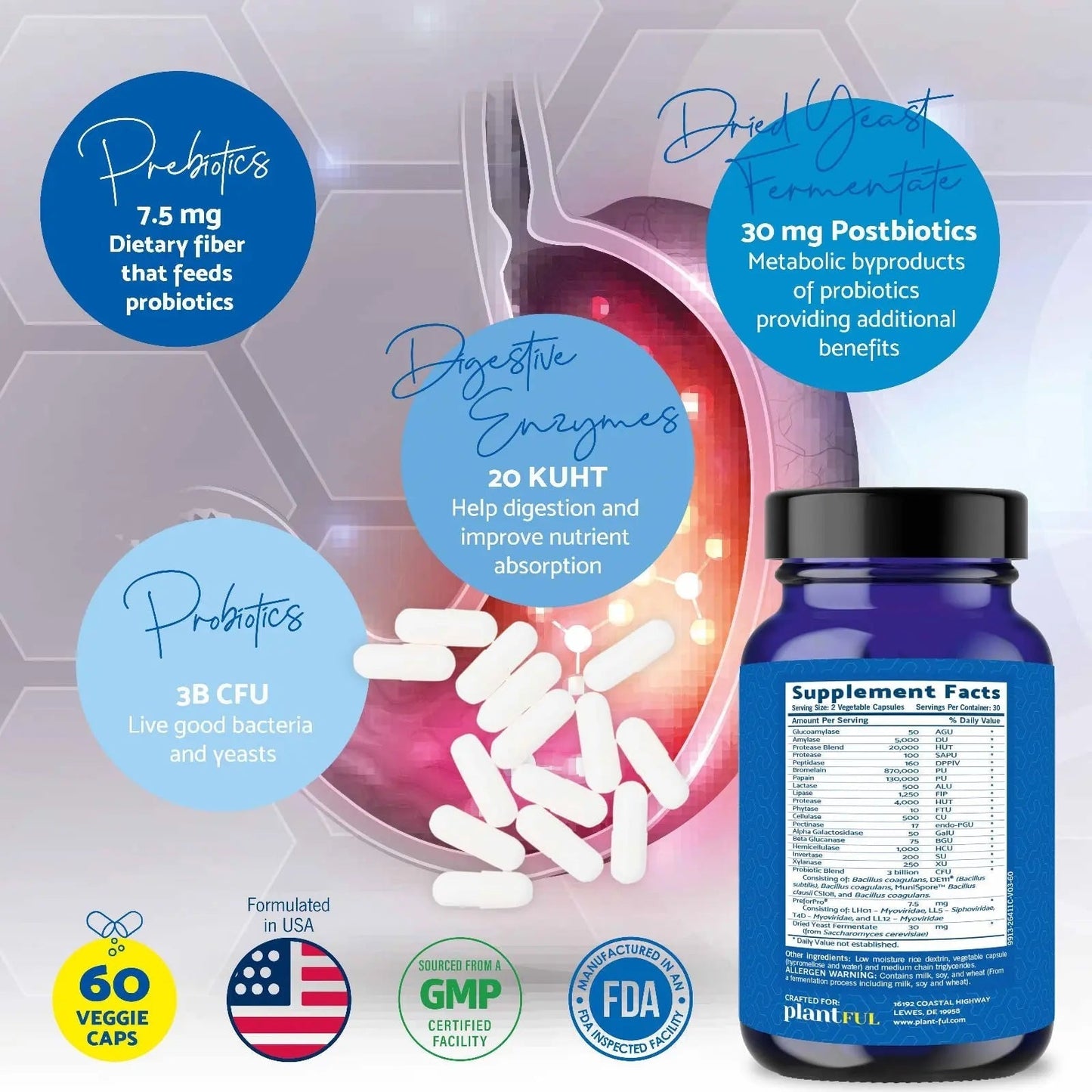 4-in-1 Pre Post Probiotics & Digestive Enzymes - Complete Gut Health & Digestive Support for Women & Men - Prebiotic Probiotic & Postbiotic Gas & Bloating Relief – 60 Non GMO Capsules - Maple Wellness Supplements