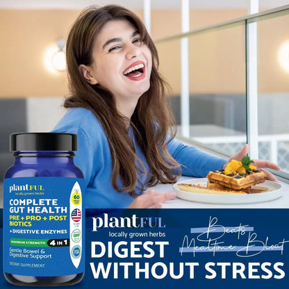 4-in-1 Pre Post Probiotics & Digestive Enzymes - Complete Gut Health & Digestive Support for Women & Men - Prebiotic Probiotic & Postbiotic Gas & Bloating Relief – 60 Non GMO Capsules - Maple Wellness Supplements