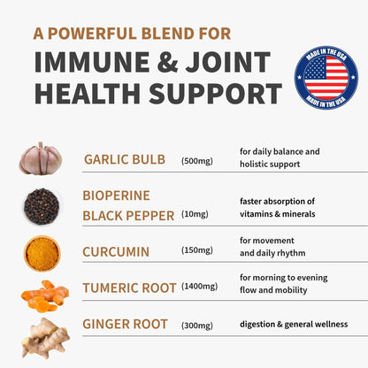 4-in-1 Turmeric Joint Support Supplements with Garlic and BioPerine - 2360 mg High Potency Herbal Blend for Mobility, Everyday Flexibility, Digestive Comfort - Maple Wellness Supplements