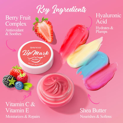 4 Pack Lip Mask Set, Hydrating Lip Mask Overnight - Berry, Grape, Mint, Vanilla Flavors, Lip Sleeping Mask Nourish Lip Balm with Vitamin C & Shea Butter | Dry Lips Care Gift - Maple Wellness Supplements