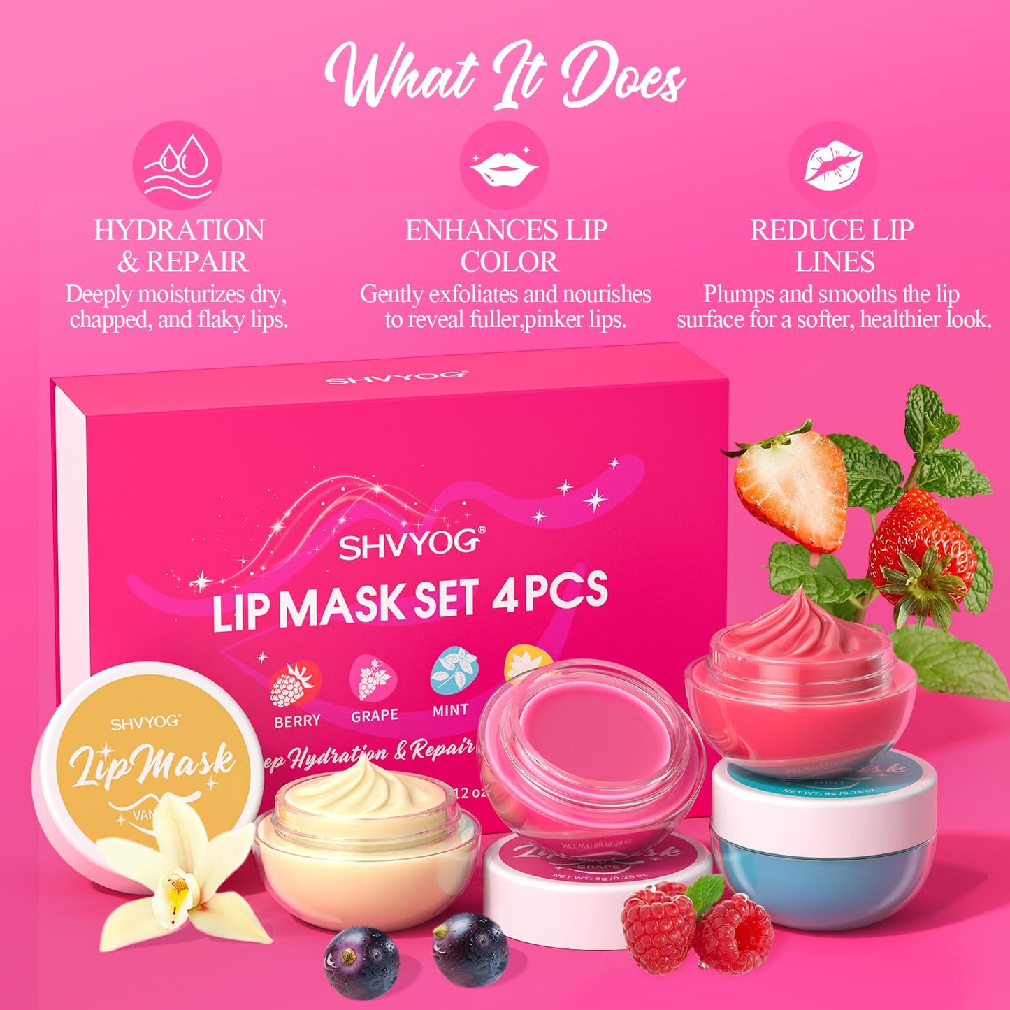 4 Pack Lip Mask Set, Hydrating Lip Mask Overnight - Berry, Grape, Mint, Vanilla Flavors, Lip Sleeping Mask Nourish Lip Balm with Vitamin C & Shea Butter | Dry Lips Care Gift - Maple Wellness Supplements