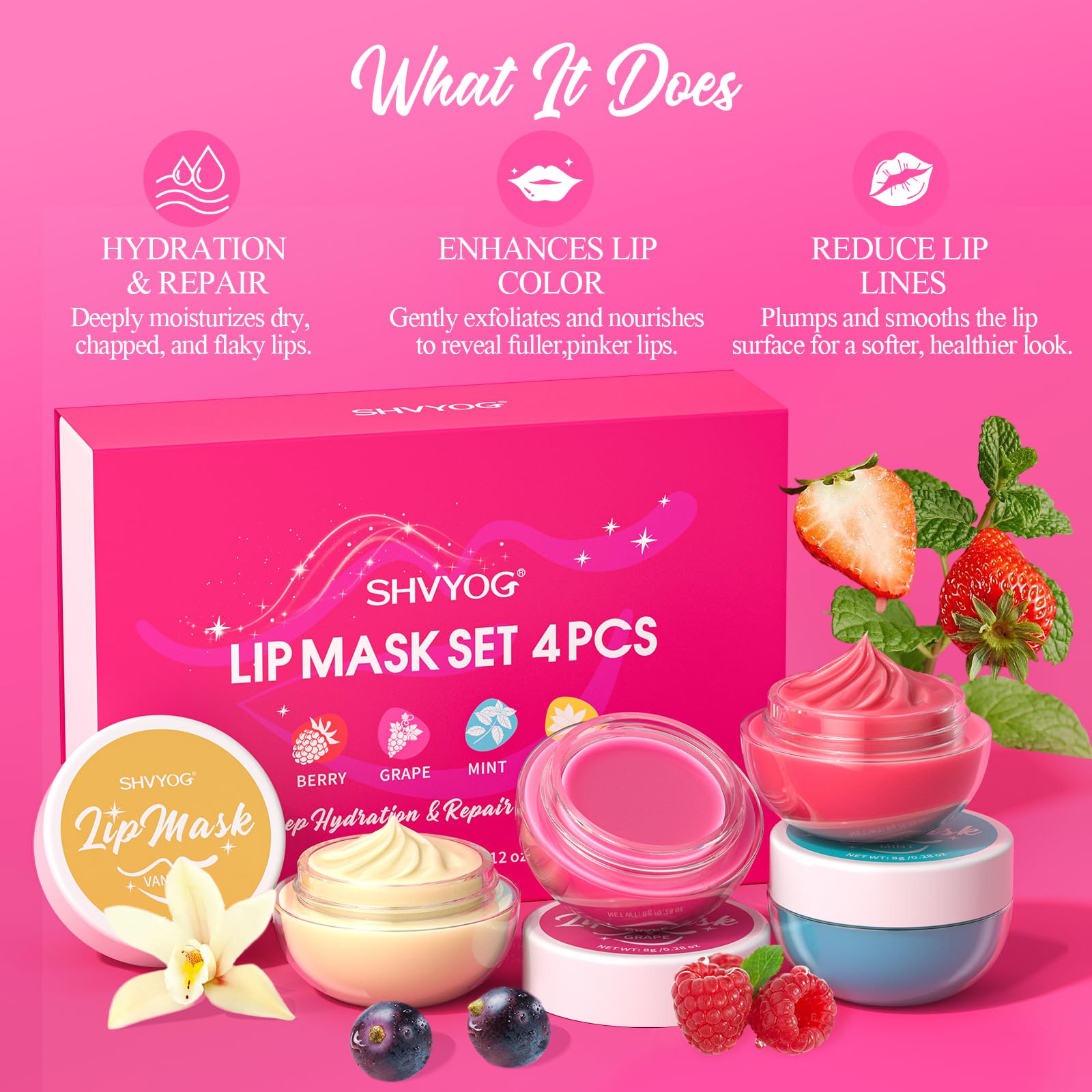 4 Pack Lip Mask Set, Hydrating Lip Mask Overnight - Berry, Grape, Mint, Vanilla Flavors, Lip Sleeping Mask Nourish Lip Balm with Vitamin C & Shea Butter | Dry Lips Care Gift - Maple Wellness Supplements