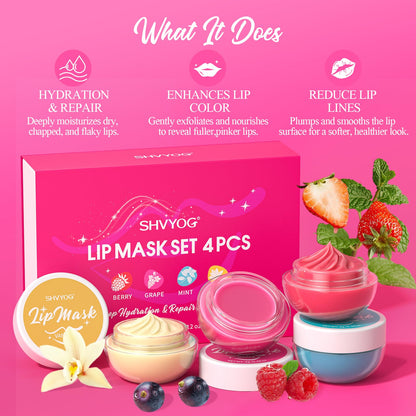 4 Pack Lip Mask Set, Hydrating Lip Mask Overnight - Berry, Grape, Mint, Vanilla Flavors, Lip Sleeping Mask Nourish Lip Balm with Vitamin C & Shea Butter | Dry Lips Care Gift - Maple Wellness Supplements