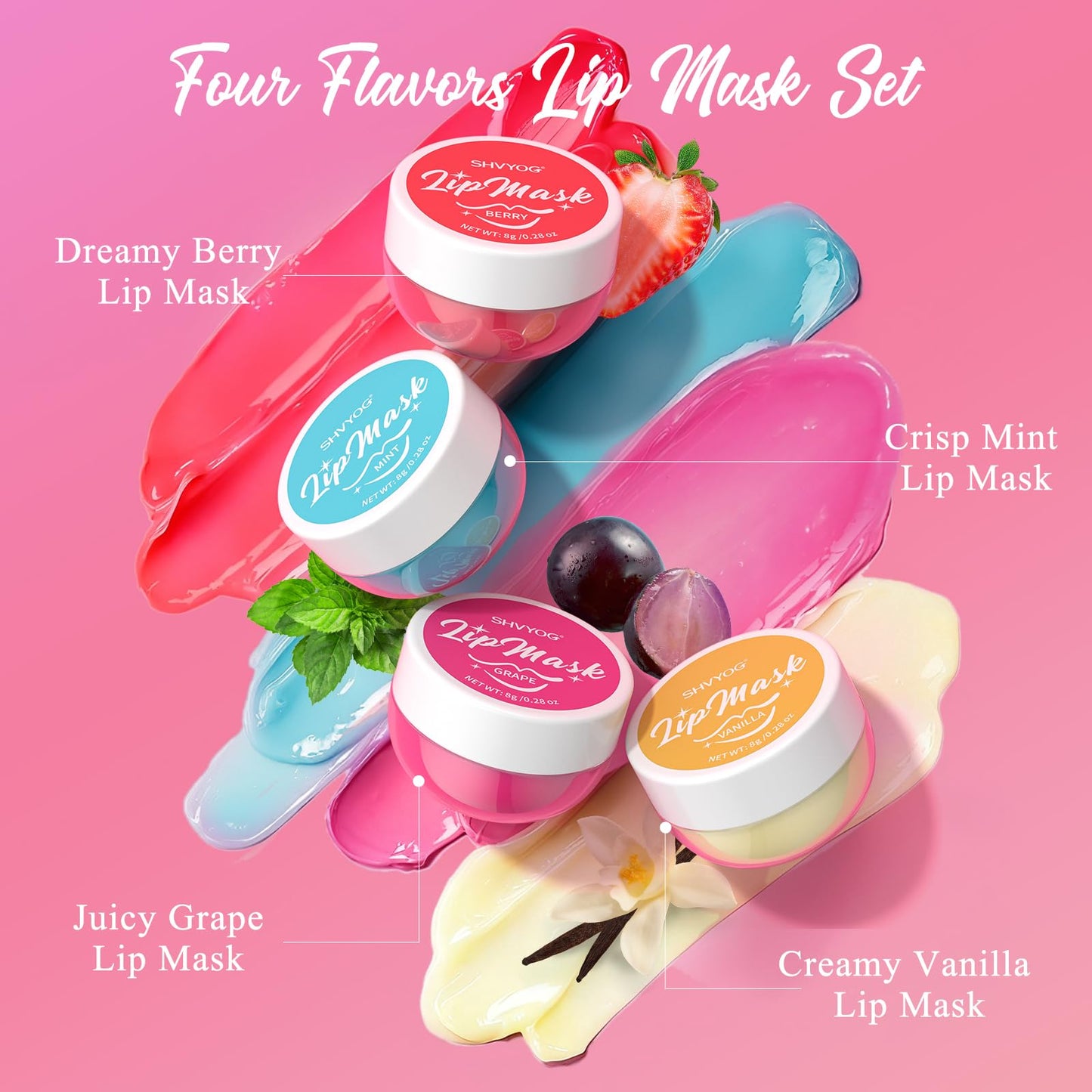 4 Pack Lip Mask Set, Hydrating Lip Mask Overnight - Berry, Grape, Mint, Vanilla Flavors, Lip Sleeping Mask Nourish Lip Balm with Vitamin C & Shea Butter | Dry Lips Care Gift - Maple Wellness Supplements